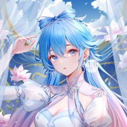 Rule 34 | 1girl, arm up, blue sky, butterfly ornament, cloud, curtains, douluo dalu, dress, earrings, flower, gradient eyes, gradient hair, hair rings, highres, jewelry, long hair, long sleeves, multicolored eyes, multicolored hair, parted lips, pink flower, sky, solo, tang wutong (douluo dalu), tongue, twintails, wulin meng zhu 106
