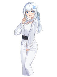 Rule 34 | 1girl, :d, absurdres, belt, blue eyes, blush, cropped legs, gosegu, hair intakes, hair ornament, highres, index finger raised, long hair, long sleeves, looking at viewer, open mouth, pants, shirt, simple background, smile, solo, standing, virtual youtuber, waktaverse, white background, white hair, white pants, white shirt, ziro (zirorong)