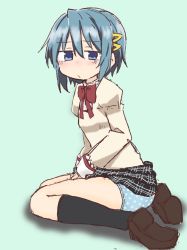Rule 34 | 1girl, ass, between legs, black skirt, black socks, blue background, blue eyes, blue hair, blue panties, blush, bow, bowtie, breasts, brown footwear, closed mouth, clothes lift, embarrassed, female focus, from side, full body, hair ornament, hairclip, hand between legs, highres, juliet sleeves, kneehighs, long sleeves, looking at viewer, mahou shoujo madoka magica, miki sayaka, miniskirt, nose blush, panties, plaid, plaid skirt, pleated skirt, polka dot, polka dot panties, ponnu (tnpn2yw), puffy sleeves, red bow, red bowtie, school uniform, shirt, shoes, short hair, simple background, sitting, skirt, skirt lift, small breasts, socks, solo, underwear, yellow shirt