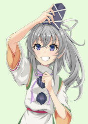 Rule 34 | 1girl, absurdres, black hat, blue eyes, commentary request, green background, grey hair, hand on headwear, hat, highres, japanese clothes, kariginu, kimono, long hair, long sleeves, looking at viewer, mononobe no futo, pom pom (clothes), ponytail, ribbon-trimmed sleeves, ribbon trim, simple background, smile, solo, tate eboshi, touhou, upper body, vuanti, wide sleeves