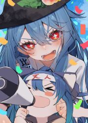 Rule 34 | &gt; &lt;, + +, 2girls, absurdres, black headwear, blue bow, blue hair, blush, blush stickers, bow, collared shirt, commentary request, fruit hat ornament, hair between eyes, hair bow, hat, hat ornament, highres, hinanawi tenshi, holding, holding megaphone, long hair, looking at viewer, megaphone, multiple girls, open mouth, peach hat ornament, red eyes, shirt, smile, touhou, tsune (tune), upper body, white shirt, yorigami shion