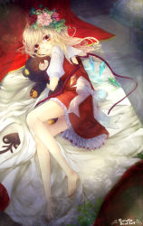 Rule 34 | 1girl, absurdres, bad id, bad pixiv id, barefoot, bed, blanket, daimaou ruaeru, hugging doll, dress, flandre scarlet, flower, hair flower, hair ornament, highres, juliet sleeves, laevatein, light particles, long sleeves, looking at viewer, lying, nail polish, hugging object, on bed, on side, pillow, puffy sleeves, red dress, red nails, sash, solo, stuffed animal, stuffed toy, teddy bear, thighs, toenail polish, toenails, touhou, wings, yellow eyes