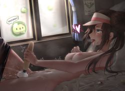 Rule 34 | 1girl, bed, blue eyes, blush, breasts, brown hair, clothes pull, commentary request, creatures (company), curtains, double bun, egg vibrator, english text, female ejaculation, female masturbation, from side, game freak, gen 5 pokemon, hair bun, heart, highres, hitachi magic wand, indoors, knee up, long hair, looking up, lying, masturbation, medium breasts, momonoko noko, nintendo, nipples, nude, on back, open mouth, pantyhose, pillow, pokemon, pokemon (creature), pokemon bw, reuniclus, rosa (pokemon), saliva, sex toy, skirt, skirt pull, solo focus, solosis, spoken heart, sweat, trembling, twintails, vibrator, visor cap, window