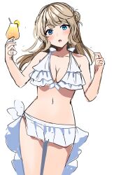 Rule 34 | absurdres, bikini, blue eyes, blush, breasts, cleavage, cup, frilled bikini, frills, hair bun, highres, holding, holding cup, kantai collection, light brown hair, long hair, looking at viewer, medium breasts, parted lips, ranger (kancolle), simple background, sketch, solo, swimsuit, tropical drink, white background, white bikini, yunamaro