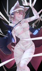 Rule 34 | 1girl, :d, animal ears, arm up, bandages, blush, breasts, cape, commentary, dark background, double-parted bangs, earmuffs, english commentary, gold trim, hair between eyes, highres, lips, looking at viewer, medium breasts, mummy costume, navel, open mouth, pointy hair, short hair, simple background, skindentation, smile, solo, syuri22, tattoo, teeth, touhou, toyosatomimi no miko