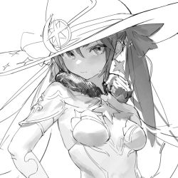 Rule 34 | 1girl, breasts, cape, closed mouth, detached sleeves, earrings, fur trim, genshin impact, greyscale, hair between eyes, hair ribbon, hat, jewelry, lard (kumazakiyuta), leotard, long hair, looking at viewer, mona (genshin impact), monochrome, ribbon, simple background, sketch, small breasts, solo, twintails, upper body, witch hat