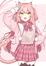Rule 34 | 1girl, animal ear legwear, animal ears, black thighhighs, bow, bowtie, brown sweater vest, cat ear legwear, cat ears, cat girl, cat tail, collared shirt, fang, highres, jacket, long hair, open clothes, open jacket, open mouth, original, pink bow, pink bowtie, pink hair, pink jacket, pink skirt, pleated skirt, shirt, skirt, smile, solo, sweater vest, tail, thighhighs, two side up, virtual youtuber, waka (wk4444), yellow eyes