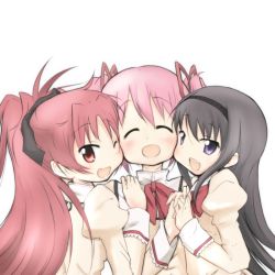Rule 34 | 10s, 3girls, :d, ;d, ^ ^, akemi homura, bad id, bad pixiv id, black hair, blush, cheek-to-cheek, closed eyes, girl sandwich, hair ribbon, hairband, happy, heads together, holding hands, juliet sleeves, kaname madoka, long hair, long sleeves, looking at viewer, mahou shoujo madoka magica, mahou shoujo madoka magica (anime), mizushima (p201112), multiple girls, one eye closed, open mouth, pink hair, ponytail, puffy sleeves, purple eyes, red eyes, red hair, ribbon, sakura kyoko, sandwiched, school uniform, short hair, short twintails, simple background, smile, twintails, wide ponytail, wink