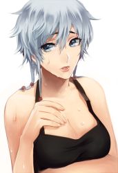 Rule 34 | 1girl, apg0w0, arm under breasts, bare arms, black tank top, bleach, blue eyes, braid, breasts, cleavage, collarbone, facing viewer, grey eyes, grey hair, hair between eyes, hair ornament, hand up, kotetsu isane, large breasts, looking to the side, parted lips, short hair, simple background, solo, sweat, tank top, teeth, upper body, wet, white background
