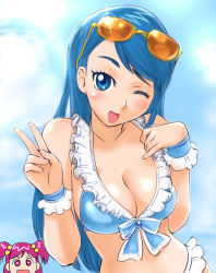 Rule 34 | 00s, 2girls, ;d, bikini, blue eyes, blue hair, blush, bow, breasts, brooch, chibi, cleavage, cloud, day, eyelashes, eyewear on head, frilled bikini, frills, front-tie top, hair bobbles, hair ornament, jewelry, large breasts, lens flare, long hair, minazuki karen, multiple girls, one eye closed, open mouth, outdoors, pink eyes, pink hair, precure, short hair, short twintails, sky, smile, sunglasses, swimsuit, twintails, ueyama michirou, v, wink, wristband, yes! precure 5, yumehara nozomi