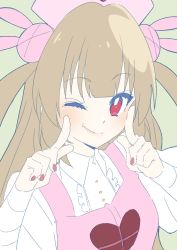 Rule 34 | 1girl, absurdres, apron, bad id, bad twitter id, bandaged arm, bandages, blunt bangs, closed mouth, collared shirt, donguri suzume, fingernails, fingers to cheeks, grey background, hair ornament, hands up, hat, heart, highres, light brown hair, long hair, nail polish, natori sana, nurse cap, one eye closed, pink apron, pink hat, pink nails, rabbit hair ornament, red eyes, sana channel, shirt, simple background, smile, solo, two side up, upper body, virtual youtuber, white shirt, wing collar