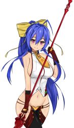 Rule 34 | 1girl, antenna hair, blazblue, blazblue: central fiction, blazblue variable heart, blue hair, breasts, cowboy shot, fingerless gloves, genderswap, genderswap (mtf), gloves, hair between eyes, halterneck, halterneck, highres, hip vent, holding, holding weapon, long hair, mai natsume, midriff, navel, no bra, pants, pink eyes, ponytail, sideboob, sidelocks, simple background, smile, solo, weapon, white background