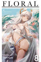 Rule 34 | 1girl, animal ear fluff, animal ears, arknights, bikini, breasts, brown eyes, cover, covered erect nipples, eyyy, fake magazine cover, highres, horse ears, laurel crown, light smile, long hair, looking at viewer, magazine cover, midriff, navel, official alternate costume, platinum (arknights), platinum (shimmering dew) (arknights), sash, see-through, solo, standing, stomach, swimsuit, thighlet, thighs, very long hair, white bikini, white hair