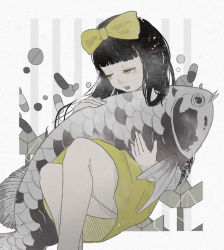 Rule 34 | 1girl, animal, animal hug, black hair, blunt bangs, bow, commentary request, devotion, dress, du meishin, feet out of frame, fish, hair bow, half-closed eyes, hiro chikyuujin, long hair, pantyhose, parted lips, pill, solo, striped, striped background, vertical stripes, white pantyhose, yellow bow, yellow dress, yellow eyes