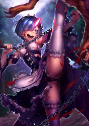 Rule 34 | 10s, 1girl, :d, action, animal, apron, armpits, ass, backlighting, battle, black panties, blood, blood on clothes, blood on face, blue eyes, blue hair, bow, breasts, chain, detached sleeves, dress, fingernails, frilled apron, frilled thighhighs, frills, glowing, glowing horns, hair ornament, hair over one eye, hair ribbon, hairband, high kick, holding, holding weapon, horns, kicking, leg up, light particles, maid, maid apron, matching hair/eyes, medium breasts, mettsu, motion blur, night, one eye covered, oni horns, open mouth, out of frame, outdoors, outstretched arm, panties, pantyshot, puffy short sleeves, puffy sleeves, re:zero kara hajimeru isekai seikatsu, rem (re:zero), ribbon, short hair, short sleeves, single horn, smile, solo, split, spoilers, standing, standing on one leg, thighhighs, torn apron, torn clothes, torn dress, torn thighhighs, tree, underbust, underwear, upskirt, waist apron, weapon, white apron, white bow, white thighhighs, x hair ornament