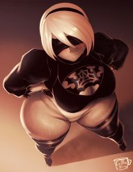 Rule 34 | 1girl, artist name, ass, black blindfold, blindfold, blush, boots, breasts, cleavage, coffeeslice, curvy, elbow gloves, from above, gloves, hairband, hands on own hips, highres, huge ass, juliet sleeves, large breasts, leotard, long sleeves, nier (series), nier:automata, puffy sleeves, short hair, solo, sweat, thick thighs, thigh boots, thighhighs, thighs, white hair, wide hips, 2b (nier:automata)