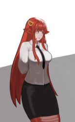 Rule 34 | 1girl, against wall, arms behind back, breasts, commentary, commission, commissioner upload, dress shirt, gutterboyyy, hair ornament, highres, lamia, long hair, medium breasts, miia (monster musume), monster girl, monster musume no iru nichijou, necktie, pointy ears, red hair, scales, shirt, simple background, skirt, slit pupils, solo, yellow eyes