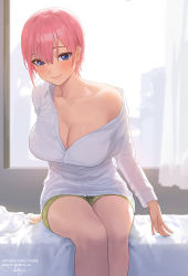 Rule 34 | 1girl, bed sheet, blue eyes, blush, breasts, cleavage, closed mouth, collarbone, curtains, feet out of frame, go-toubun no hanayome, green shorts, highres, indoors, large breasts, long sleeves, looking at viewer, nakano ichika, nhaliz, no bra, off shoulder, on bed, pink hair, short hair, short shorts, shorts, single bare shoulder, sitting, smile, solo, window