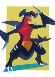 Rule 34 | black sclera, border, claws, collarbone, colored sclera, creatures (company), game freak, garchomp, gen 4 pokemon, green background, highres, legs apart, mo~zu, nintendo, no humans, open mouth, pokemon, pokemon (creature), sharp teeth, solo, spikes, standing, symbol-only commentary, teeth, tongue, white border, yellow eyes