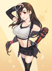 Rule 34 | 1girl, arm guards, black hair, black skirt, breasts, brown eyes, crop top, dated, earrings, elbow gloves, final fantasy, final fantasy vii, final fantasy vii remake, fingerless gloves, gloves, hand on own hip, hand on own forehead, jewelry, large breasts, long hair, looking at viewer, low-tied long hair, navel, ohse, parted lips, red eyes, skirt, smile, solo, sports bra, stomach, suspender skirt, suspenders, tank top, thighhighs, tifa lockhart, very long hair, white tank top