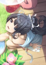 Rule 34 | 1girl, absurdres, barefoot, black eyes, black hair, blurry, blurry foreground, bracelet, commentary request, day, earrings, film grain, flower, from above, grass, hair ornament, hair ribbon, hairclip, highres, idolmaster, idolmaster shiny colors, jewelry, kazano hiori, long hair, looking at viewer, looking up, mole, mole under mouth, ponytail, ribbon, sitting, solo, sora (men0105)