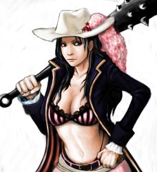 Rule 34 | 1girl, alvida (one piece), belt, blue eyes, blue hair, bra, breasts, cleavage, club, club (weapon), cowboy hat, hat, hat ornament, jimno, kanabou, large breasts, long hair, matching hair/eyes, one piece, pirate costume, solo, spiked club, striped bra, striped clothes, underwear, weapon