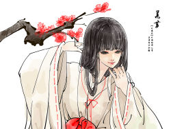 Rule 34 | 1girl, adjusting hair, arm up, black hair, bow, branch, brown eyes, eyelashes, eyeshadow, flower, inuyasha, japanese clothes, kikyou (inuyasha), lipstick, long hair, makeup, miko, plum blossoms, red ribbon, ribbon, ribbon-trimmed sleeves, ribbon trim, simple background, sketch, smile, solo, wide sleeves, zuoyouliangbuzhi