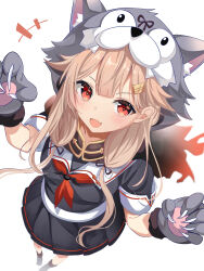 Rule 34 | +++, 1girl, absurdres, animal hands, black serafuku, black skirt, blonde hair, blush, breasts, fang, fathom, from above, gloves, grey gloves, hair ornament, hairclip, highres, kantai collection, long hair, looking at viewer, neckerchief, official alternate costume, open mouth, paw gloves, pleated skirt, red eyes, red neckerchief, school uniform, serafuku, short sleeves, simple background, skin fang, skirt, small breasts, smile, solo, white background, wolf paws, yuudachi (kancolle), yuudachi kai ni (kancolle)