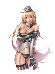Rule 34 | 1girl, absurdres, arm at side, armlet, artist name, bad id, bad pixiv id, black gloves, blonde hair, blue eyes, blush, breast hold, breasts, cleavage, closed mouth, cowboy shot, detached sleeves, fingerless gloves, garter straps, gloves, highres, iowa (kancolle), kantai collection, large breasts, long hair, looking at viewer, midriff peek, panties, rigging, shiny skin, smile, solo, standing, star-shaped pupils, star (symbol), strapless, striped clothes, striped panties, striped thighhighs, symbol-shaped pupils, thigh gap, thighhighs, underwear, uronte, wristband
