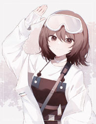 Rule 34 | 1girl, arknights, brown eyes, brown hair, brown overalls, choker, closed mouth, coat, figmnts, goggles, goggles on head, hair between eyes, highres, long sleeves, looking at viewer, no animal ears, open clothes, open coat, overalls, roberta (arknights), shirt, short hair, smile, solo, upper body, white choker, white coat, white shirt