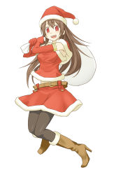 Rule 34 | 1girl, :d, amagai tarou, belt, blush, boots, brown hair, christmas, elbow gloves, full body, gloves, happy, hat, high heels, highres, long hair, open mouth, pantyhose, red eyes, red gloves, sack, santa costume, santa hat, shoes, simple background, skirt, smile, solo