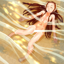 Rule 34 | 1girl, afloat, barefoot, beach, brown hair, closed eyes, convenient censoring, flat chest, floating, from above, hair censor, hair over breasts, hair spread out, highres, long hair, lying, navel, nude, nudist, on back, original, partially submerged, solo, soon (c-u-soon), water
