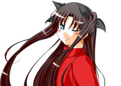 Rule 34 | 00s, 1girl, ;o, blue eyes, blush, fate/stay night, fate (series), kirimitsu, long hair, long sleeves, looking at viewer, one eye closed, parted lips, sidelocks, simple background, solo, sweater, tohsaka rin, two side up, type-moon, very long hair, white background, wink