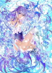 Rule 34 | 1girl, air bubble, armor, bare shoulders, blue eyes, blue one-piece swimsuit, blue ribbon, breasts, bubble, choker, collarbone, covered navel, fate/grand order, fate (series), frills, full body, greaves, hair between eyes, highleg, highleg swimsuit, highres, legs, long hair, long sleeves, looking at viewer, meltryllis, meltryllis (fate), meltryllis (swimsuit lancer) (fate), meltryllis (swimsuit lancer) (second ascension) (fate), one-piece swimsuit, parted lips, purple hair, ribbon, rioka (southern blue sky), sleeves past fingers, sleeves past wrists, small breasts, smile, swimming, swimsuit, underwater, very long hair