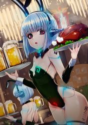 Rule 34 | 1girl, alcohol, android, animal ears, b.d, barcode, beer, beer mug, black leotard, blue hair, breasts, cup, fake animal ears, fake tail, food, guardian tales, highres, holding, holding tray, leotard, looking at viewer, mug, open mouth, oversized breast cup, pink eyes, plate, playboy bunny, pubic tattoo, rabbit ears, rabbit tail, short hair, sleeveless, small breasts, tail, tattoo, thighs, tray, wrist cuffs