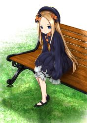 Rule 34 | 1girl, abigail williams (fate), bench, black bow, black footwear, black hat, blonde hair, blue eyes, bow, commentary request, dress, fate/grand order, fate (series), grass, hair bow, hat, highres, long hair, long sleeves, looking at viewer, mee 0w0, orange bow, outdoors, parted bangs, shoes, sitting, sleeves past fingers, sleeves past wrists, solo, very long hair, wooden bench