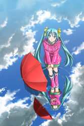 Rule 34 | 1girl, aqua eyes, aqua hair, bad id, bad pixiv id, boots, cloud, coat, day, from above, hair ribbon, hatsune miku, long hair, mid knight, reflection, reflective water, ribbon, ripples, rubber boots, skirt, sky, smile, solo, twintails, umbrella, vocaloid, water