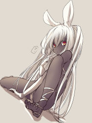 Rule 34 | 1girl, ?, barefoot, black skin, brown eyes, colored skin, dutch angle, feet, female focus, gloves, grey background, highres, hisui (syarute), long hair, looking at viewer, original, partially visible vulva, rabbit ears, simple background, sitting, solo, thighs, toes, white gloves, white hair