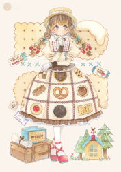 Rule 34 | 1girl, absurdres, airmail envelope, blue eyes, blue ribbon, blush, boater hat, bow, box, brown bag, brown dress, brown hair, brown hat, building, center frills, checkerboard cookie, chin strap, closed mouth, commentary, cookie, dot mouth, dot nose, dress, english commentary, english text, envelope, flower, food, food-themed background, food print, food request, frilled dress, frills, full body, gloves, grass, hair bow, hair ribbon, hand on own chin, hat, highres, house, lace, lace-trimmed dress, lace trim, long hair, looking to the side, low twintails, multicolored clothes, multicolored dress, oreo, original, painting (medium), paper roll, pink flower, postage stamp, pretzel, puffy short sleeves, puffy sleeves, red bow, red footwear, ribbon, rolled up paper, short sleeves, socks, solo, standing, suitcase, ticket, traditional media, tree, twintails, uni (setsuna gumi39), watercolor (medium), white gloves, white ribbon, white socks, wrist cuffs, x, yellow dress, yellow ribbon