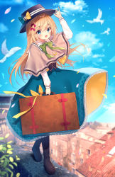 Rule 34 | 1girl, :d, arm up, black footwear, black hat, blonde hair, blue eyes, blue sky, blush, boots, capelet, commentary request, day, grey capelet, gyozanuko, hair between eyes, hand on headwear, hat, highres, holding, long hair, long sleeves, looking at viewer, open mouth, original, outdoors, shirt, sky, smile, solo, standing, suitcase, very long hair, white shirt