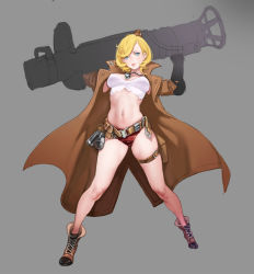 Rule 34 | 1girl, ankle boots, aqua eyes, belt, black gloves, blonde hair, blush, boots, brown coat, brown footwear, carrying over shoulder, coat, crop top, cross-laced footwear, explosive, eyelashes, facing viewer, fasces (jeson110), full body, gloves, grenade, hands up, holding, holding weapon, holster, hyper universe, jewelry, lace-up boots, legs apart, long sleeves, looking at viewer, midriff, navel, open belt, open clothes, open coat, parted lips, pendant, pigeon-toed, red shorts, short hair, short shorts, shorts, sketch, skindentation, solo, standing, star (symbol), stomach, swept bangs, tank top, tatyana, torn clothes, unbuttoned, weapon