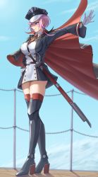 Rule 34 | 1girl, absurdres, azur lane, black footwear, black hat, blue eyes, blue sky, boots, breasts, closed mouth, full body, gloves, hand on own hip, hat, highres, holstered, lips, long hair, looking away, medium breasts, military hat, necktie, peaked cap, pink hair, red necktie, ropi (yyuichi29), seydlitz (azur lane), simple background, sky, smile, solo, standing, sword, thigh boots, uniform, weapon, white gloves
