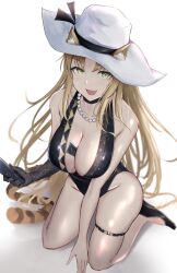 Rule 34 | 1girl, animal ears, arknights, bare shoulders, black gloves, black one-piece swimsuit, blurry, blurry background, breasts, brown hair, cleavage, collarbone, fang, gloves, hat, highres, kneeling, large breasts, long hair, looking at viewer, one-piece swimsuit, poni (poni arknights), simple background, single glove, solo, sun hat, swimsuit, swire (arknights), swire the elegant wit (arknights), tail, tiger tail, white background