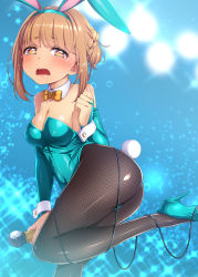 Rule 34 | 1girl, animal ears, ass, bare shoulders, black pantyhose, blush, bow, bowtie, braid, breasts, bridal gauntlets, brown eyes, brown hair, caught, cleavage, detached collar, fake animal ears, fishnet pantyhose, fishnets, french braid, gradient background, high heels, highres, huge ass, leotard, medium breasts, microphone, open mouth, pantyhose, playboy bunny, rabbit ears, rabbit tail, satou kuuki, short hair, solo, standing, standing on one leg, tail, tears, tokyo 7th sisters, tsunomori rona, wide hips, wrist cuffs