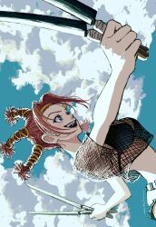 Rule 34 | 1girl, absurdres, black bra, blue eyes, blue sky, bra, breasts, cleavage, cloud, cloudy sky, denim, denim shorts, fishnet top, fishnets, headband, highres, holding, holding knife, hunter x hunter, kaze no, knife, large breasts, long hair, looking to the side, menchi (hunter x hunter), midriff, outdoors, profile, quin tails, red hair, see-through, shorts, signature, sky, smile, solo, topknot, underwear