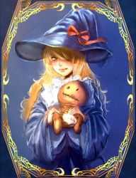 Rule 34 | 1girl, blonde hair, bow (bhp), damaged, doll, hair over one eye, hat, highres, original, robe, solo, stuffed animal, stuffed toy, stuffing, witch hat, yellow eyes