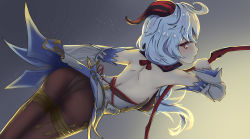 Rule 34 | 1girl, absurdres, ahoge, artist request, ass, bare shoulders, blue hair, blush, bodysuit, bow (weapon), breasts, detached sleeves, from behind, ganyu (genshin impact), genshin impact, gloves, highres, horns, leotard, long hair, looking at viewer, looking back, night, pantyhose, red eyes, sideboob, solo, very long hair, waist cape, weapon