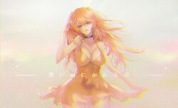 Rule 34 | 1girl, alternate breast size, artist request, blue eyes, breasts, brown hair, cleavage, dress, long hair, looking at viewer, medium breasts, neon genesis evangelion, see-through, see-through dress, shiny skin, simple background, smile, solo, souryuu asuka langley, sundress, very long hair, wide hips, yellow dress