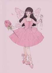Rule 34 | 1girl, black hair, blush, braid, breasts, cleavage, closed eyes, commentary, commission, dress, english commentary, eyeshadow, facing viewer, fairy, flower, full body, highres, holding, holding flower, insect wings, karlovycross, lipstick, long hair, makeup, medium breasts, pink background, pink dress, pink footwear, pointy ears, sidelocks, simple background, solo, wings