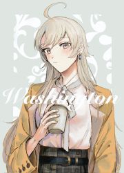 Rule 34 | 1girl, ahoge, alternate costume, blouse, brown eyes, character name, closed mouth, coat, cup, disposable cup, earrings, grey hair, hair between eyes, highres, holding, holding cup, jewelry, kantai collection, long hair, looking at viewer, nidou, open clothes, open coat, plaid, plaid skirt, shirt, simple background, skirt, solo, two-tone background, washington (kancolle), white shirt, yellow coat